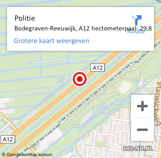 Locatie op kaart van de 112 melding: Politie Bodegraven-Reeuwijk, A12 hectometerpaal: 29,8 op 30 november 2021 06:40