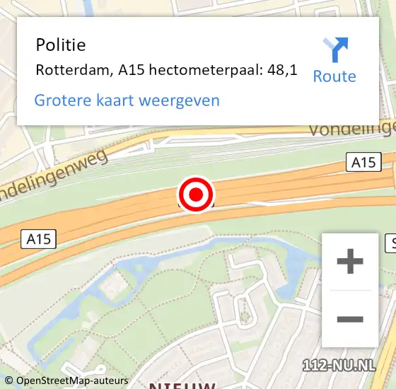 Locatie op kaart van de 112 melding: Politie Rotterdam, A15 hectometerpaal: 48,1 op 30 november 2021 08:04