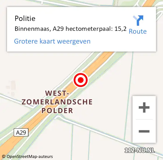 Locatie op kaart van de 112 melding: Politie Binnenmaas, A29 hectometerpaal: 15,2 op 30 november 2021 08:45