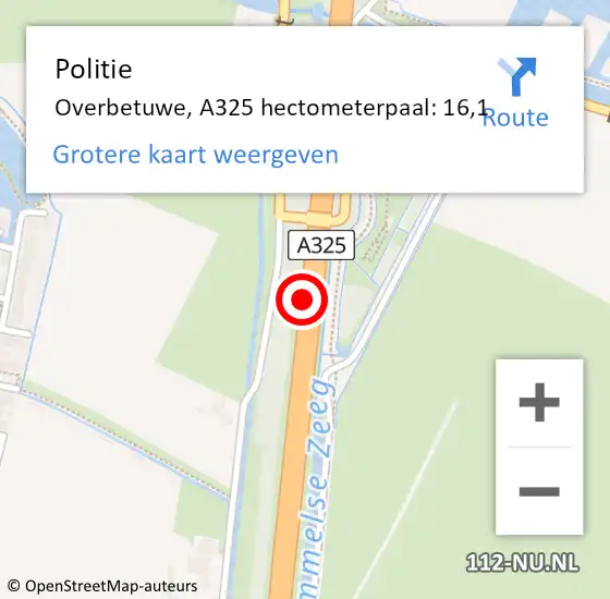 Locatie op kaart van de 112 melding: Politie Overbetuwe, A325 hectometerpaal: 16,1 op 30 november 2021 10:51