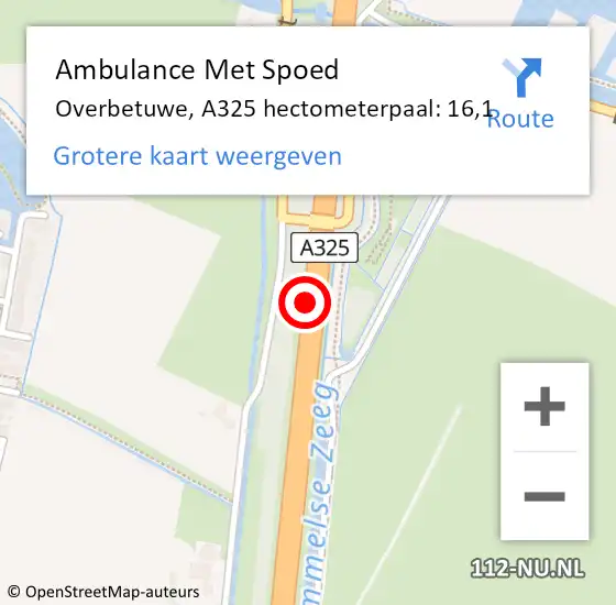 Locatie op kaart van de 112 melding: Ambulance Met Spoed Naar Overbetuwe, A325 hectometerpaal: 16,1 op 30 november 2021 10:51