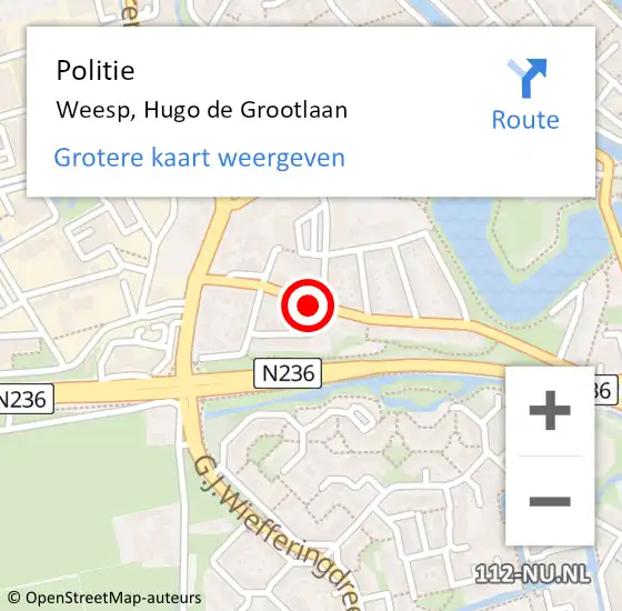 Locatie op kaart van de 112 melding: Politie Weesp, Hugo de Grootlaan op 30 november 2021 11:06