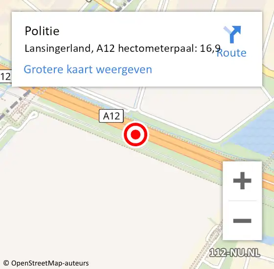 Locatie op kaart van de 112 melding: Politie Lansingerland, A12 hectometerpaal: 16,9 op 30 november 2021 12:05