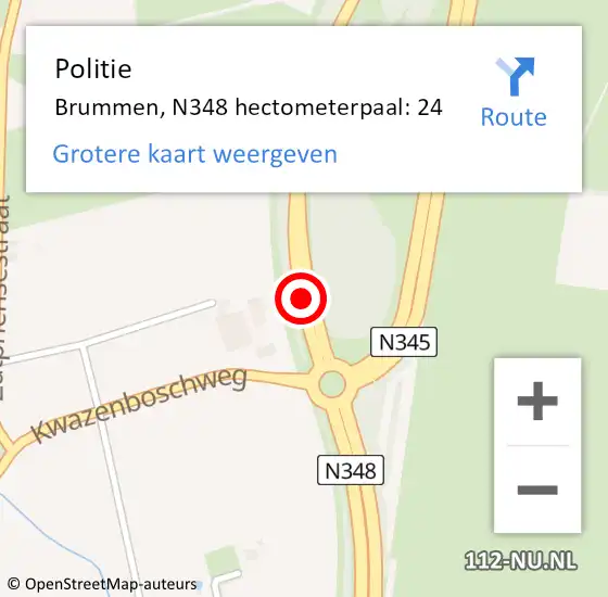 Locatie op kaart van de 112 melding: Politie Brummen, N348 hectometerpaal: 24 op 30 november 2021 12:30