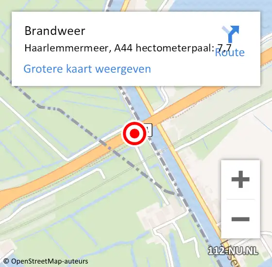Locatie op kaart van de 112 melding: Brandweer Haarlemmermeer, A44 hectometerpaal: 7,7 op 30 november 2021 13:52