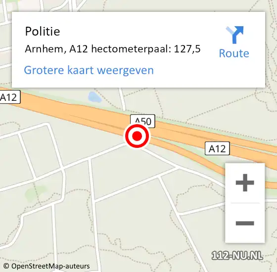 Locatie op kaart van de 112 melding: Politie Arnhem, A12 hectometerpaal: 127,5 op 30 november 2021 15:44