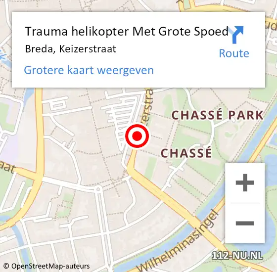 Locatie op kaart van de 112 melding: Trauma helikopter Met Grote Spoed Naar Breda, Keizerstraat op 30 november 2021 15:57