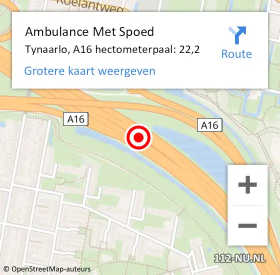 Locatie op kaart van de 112 melding: Ambulance Met Spoed Naar Tynaarlo, A16 hectometerpaal: 22,2 op 30 november 2021 17:02