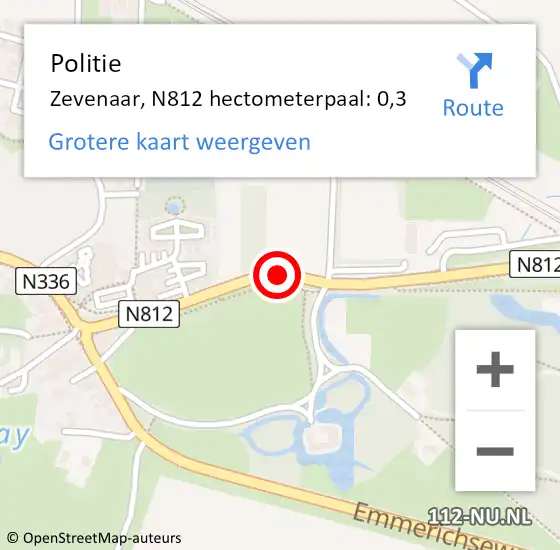 Locatie op kaart van de 112 melding: Politie Zevenaar, N812 hectometerpaal: 0,3 op 30 november 2021 17:15