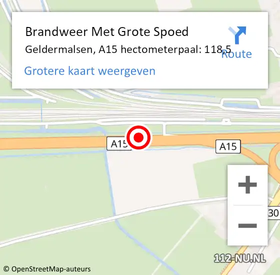 Locatie op kaart van de 112 melding: Brandweer Met Grote Spoed Naar Geldermalsen, A15 hectometerpaal: 118,5 op 30 november 2021 17:24