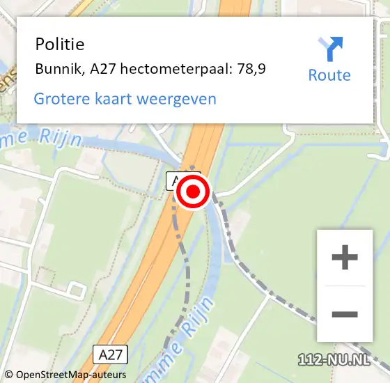 Locatie op kaart van de 112 melding: Politie Bunnik, A27 hectometerpaal: 78,9 op 30 november 2021 18:00