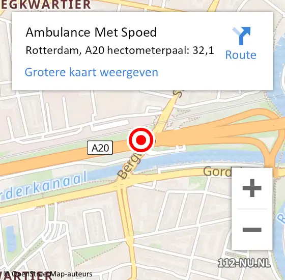 Locatie op kaart van de 112 melding: Ambulance Met Spoed Naar Rotterdam, A20 hectometerpaal: 32,1 op 30 november 2021 18:18