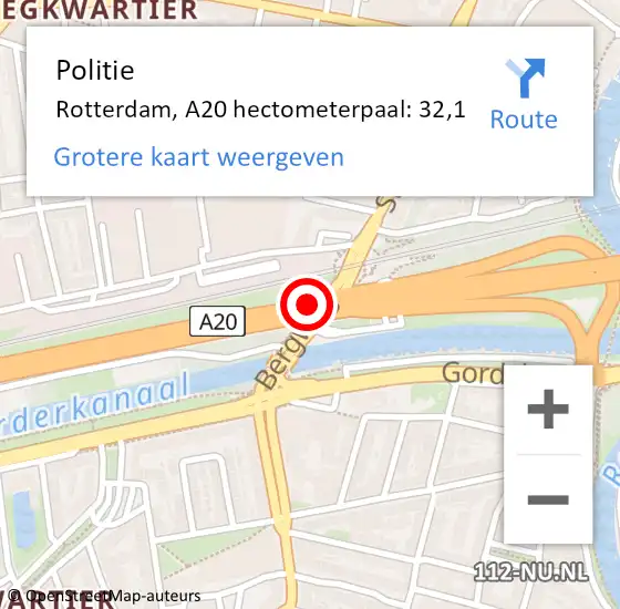Locatie op kaart van de 112 melding: Politie Rotterdam, A20 hectometerpaal: 32,1 op 30 november 2021 18:18