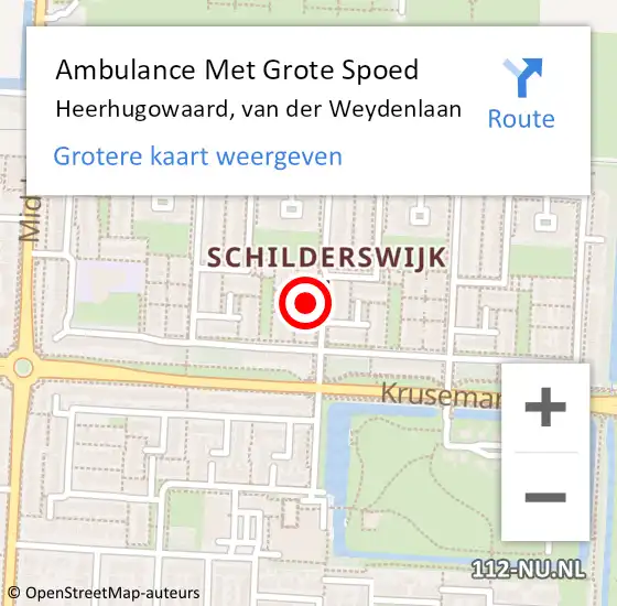 Locatie op kaart van de 112 melding: Ambulance Met Grote Spoed Naar Heerhugowaard, van der Weydenlaan op 30 november 2021 20:43