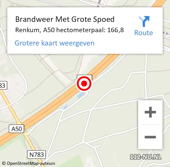 Locatie op kaart van de 112 melding: Brandweer Met Grote Spoed Naar Renkum, A50 hectometerpaal: 166,8 op 30 november 2021 20:48