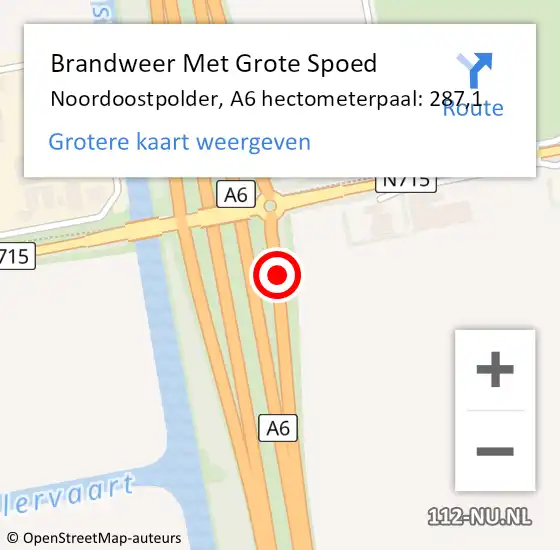 Locatie op kaart van de 112 melding: Brandweer Met Grote Spoed Naar Noordoostpolder, A6 hectometerpaal: 287,1 op 1 december 2021 01:58