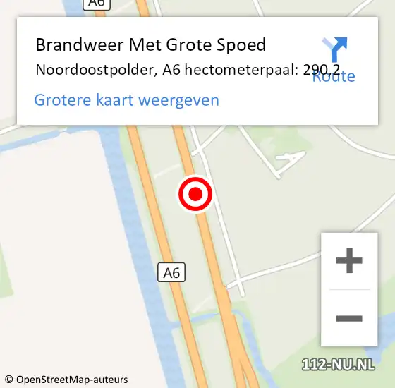 Locatie op kaart van de 112 melding: Brandweer Met Grote Spoed Naar Noordoostpolder, A6 hectometerpaal: 290,2 op 1 december 2021 02:12