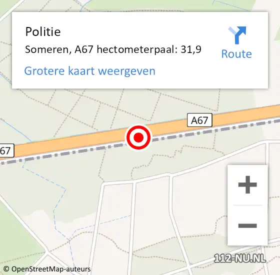 Locatie op kaart van de 112 melding: Politie Someren, A67 hectometerpaal: 31,9 op 1 december 2021 07:31