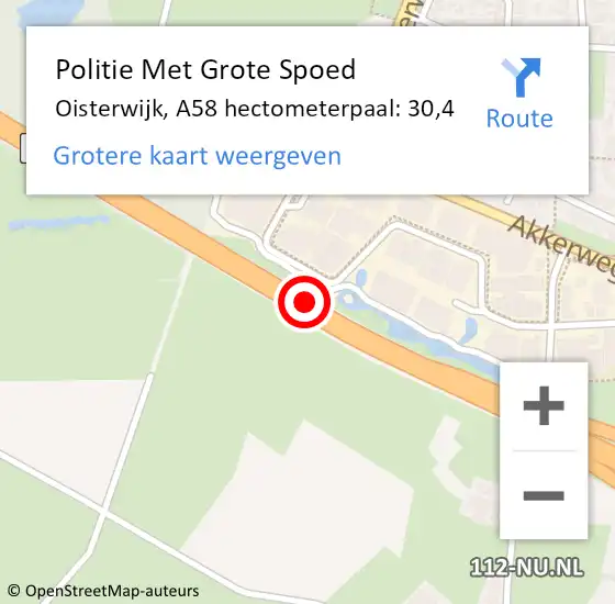 Locatie op kaart van de 112 melding: Politie Met Grote Spoed Naar Oisterwijk, A58 hectometerpaal: 30,4 op 1 december 2021 07:39