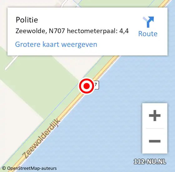 Locatie op kaart van de 112 melding: Politie Zeewolde, N707 hectometerpaal: 4,4 op 1 december 2021 07:56