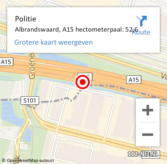 Locatie op kaart van de 112 melding: Politie Albrandswaard, A15 hectometerpaal: 52,6 op 1 december 2021 08:05