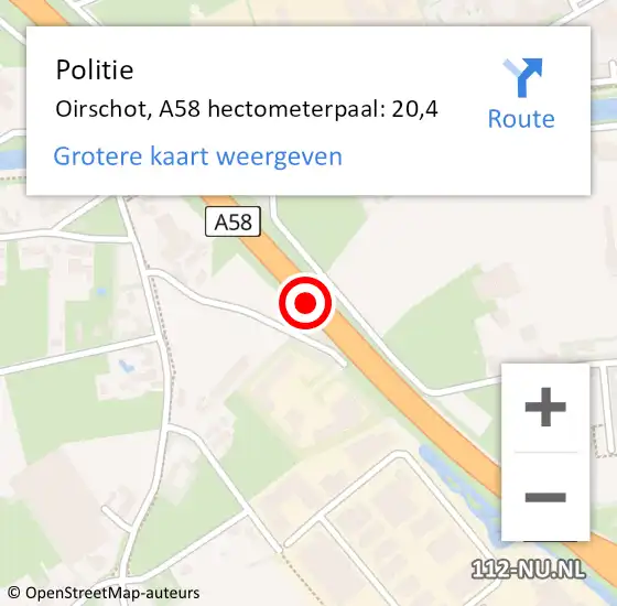 Locatie op kaart van de 112 melding: Politie Oirschot, A58 hectometerpaal: 20,4 op 1 december 2021 08:37