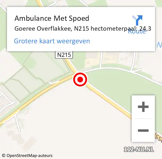 Locatie op kaart van de 112 melding: Ambulance Met Spoed Naar Goeree Overflakkee, N215 hectometerpaal: 24,3 op 1 december 2021 11:17