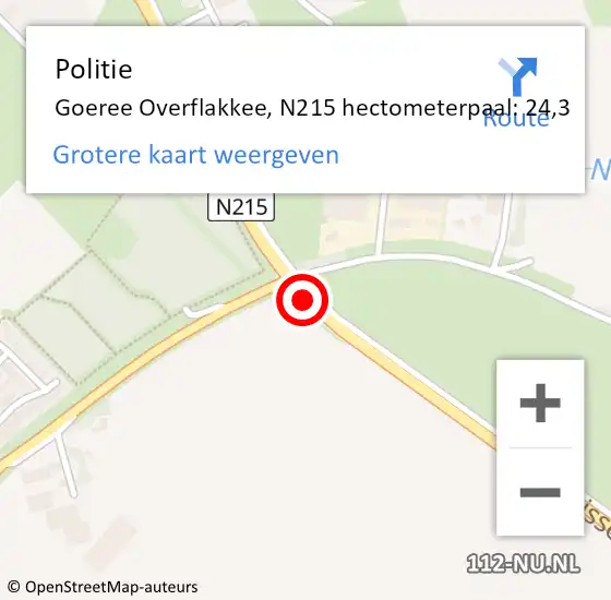 Locatie op kaart van de 112 melding: Politie Goeree Overflakkee, N215 hectometerpaal: 24,3 op 1 december 2021 11:18