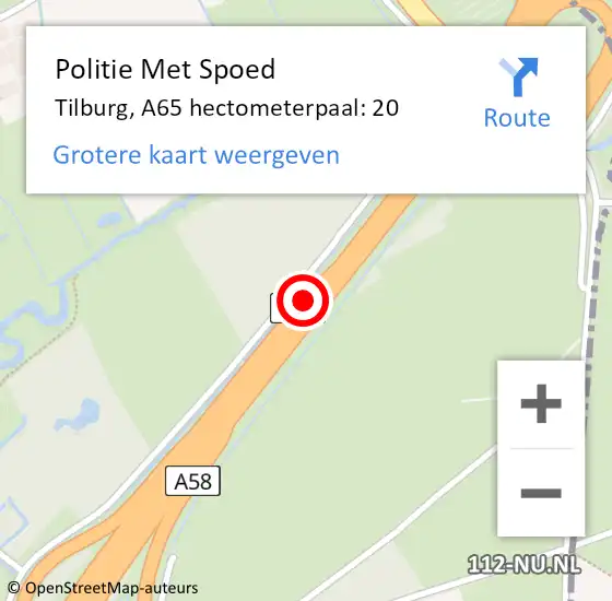 Locatie op kaart van de 112 melding: Politie Met Spoed Naar Tilburg, A65 hectometerpaal: 20 op 1 december 2021 13:47