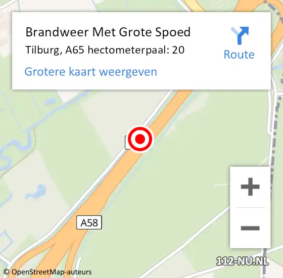 Locatie op kaart van de 112 melding: Brandweer Met Grote Spoed Naar Tilburg, A65 hectometerpaal: 20 op 1 december 2021 13:47