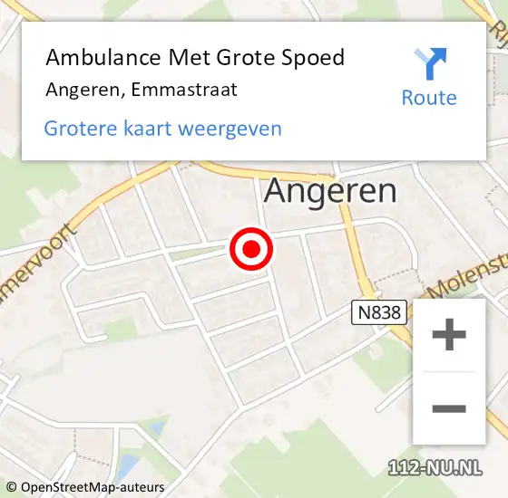 Locatie op kaart van de 112 melding: Ambulance Met Grote Spoed Naar Angeren, Emmastraat op 1 december 2021 14:14