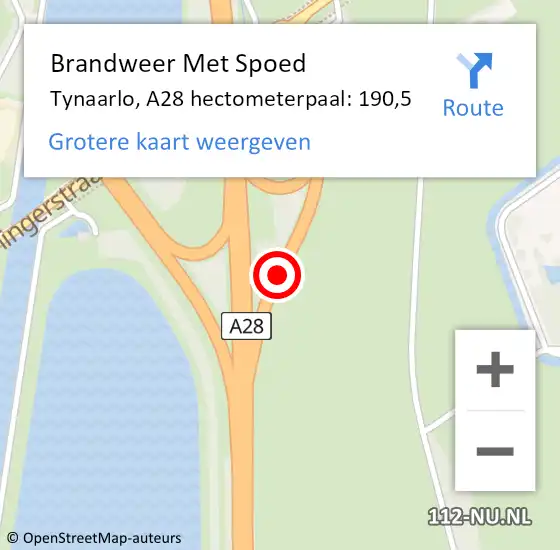 Locatie op kaart van de 112 melding: Brandweer Met Spoed Naar Tynaarlo, A28 hectometerpaal: 190,5 op 1 december 2021 15:09