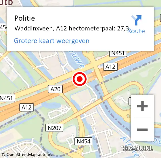 Locatie op kaart van de 112 melding: Politie Waddinxveen, A12 hectometerpaal: 27,3 op 1 december 2021 16:20