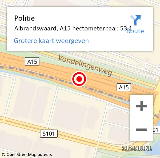 Locatie op kaart van de 112 melding: Politie Albrandswaard, A15 hectometerpaal: 53,1 op 1 december 2021 16:21