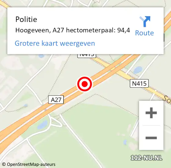 Locatie op kaart van de 112 melding: Politie Hoogeveen, A27 hectometerpaal: 94,4 op 1 december 2021 16:26