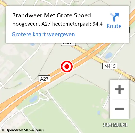 Locatie op kaart van de 112 melding: Brandweer Met Grote Spoed Naar Hoogeveen, A27 hectometerpaal: 94,4 op 1 december 2021 16:29