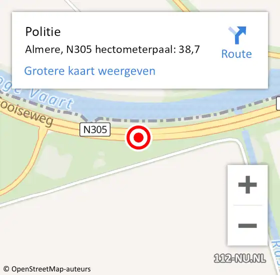 Locatie op kaart van de 112 melding: Politie Almere, N305 hectometerpaal: 38,7 op 1 december 2021 17:59