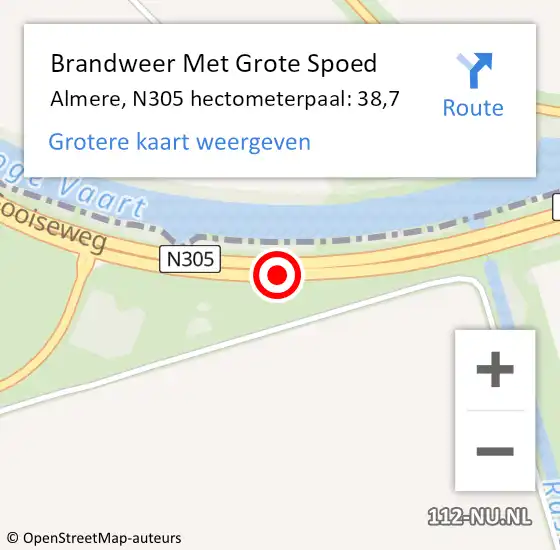 Locatie op kaart van de 112 melding: Brandweer Met Grote Spoed Naar Almere, N305 hectometerpaal: 38,7 op 1 december 2021 18:00