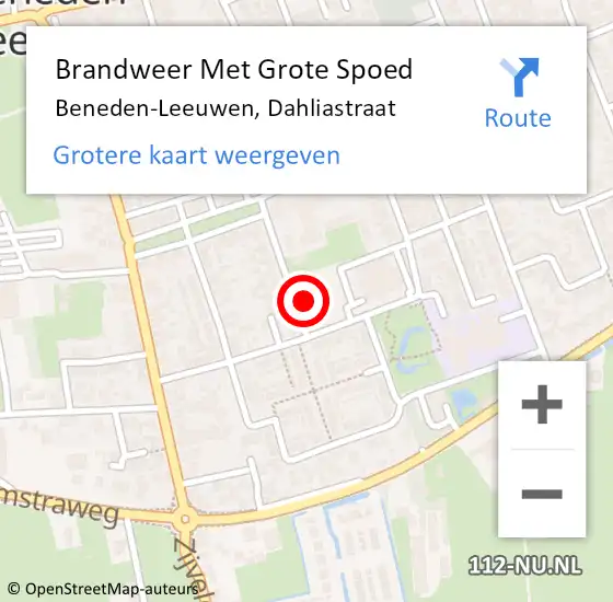 Locatie op kaart van de 112 melding: Brandweer Met Grote Spoed Naar Beneden-Leeuwen, Dahliastraat op 1 december 2021 21:08