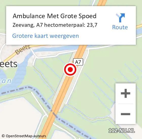 Locatie op kaart van de 112 melding: Ambulance Met Grote Spoed Naar Zeevang, A7 hectometerpaal: 23,7 op 2 december 2021 04:57