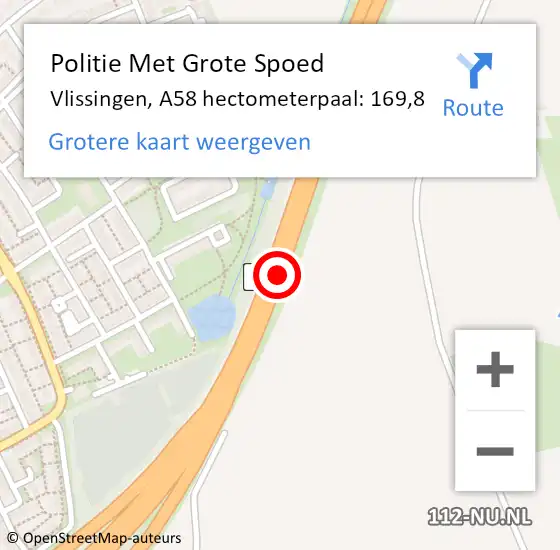 Locatie op kaart van de 112 melding: Politie Met Grote Spoed Naar Vlissingen, A58 hectometerpaal: 169,8 op 2 december 2021 07:13