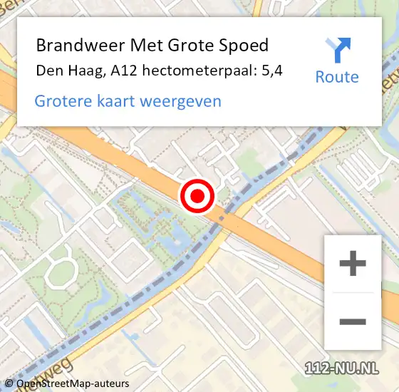 Locatie op kaart van de 112 melding: Brandweer Met Grote Spoed Naar Den Haag, A12 hectometerpaal: 5,4 op 2 december 2021 07:32
