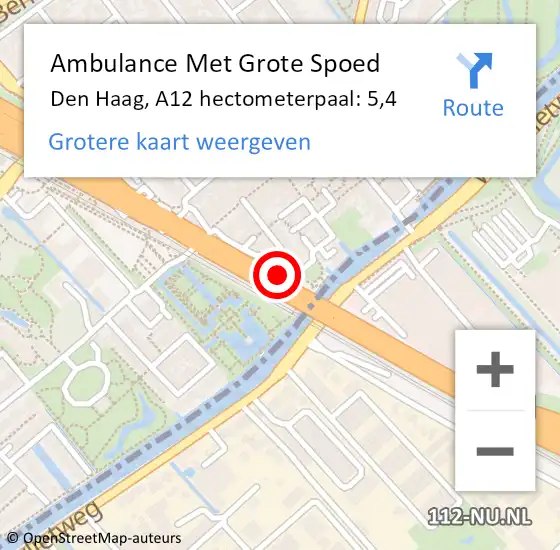 Locatie op kaart van de 112 melding: Ambulance Met Grote Spoed Naar Den Haag, A12 hectometerpaal: 5,4 op 2 december 2021 07:33