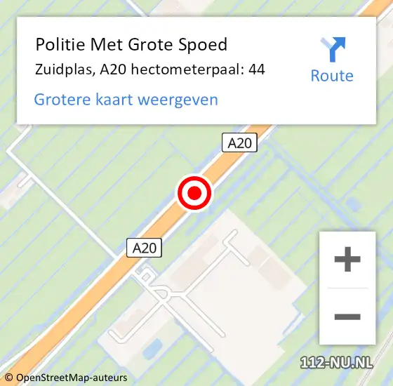 Locatie op kaart van de 112 melding: Politie Met Grote Spoed Naar Zuidplas, A20 hectometerpaal: 44 op 2 december 2021 07:44