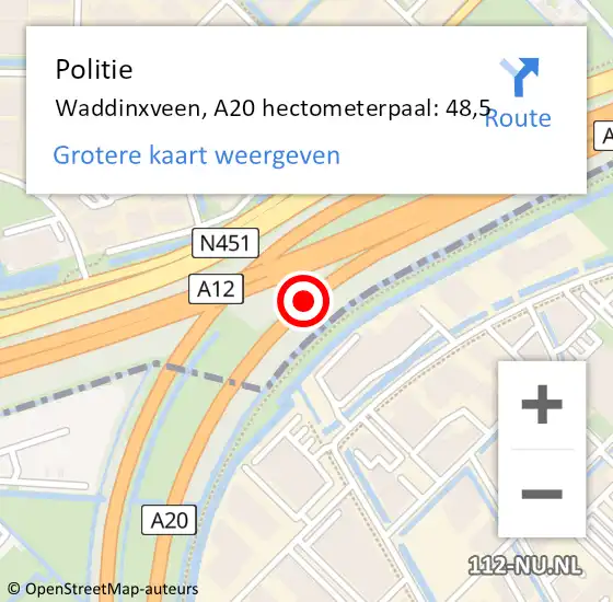 Locatie op kaart van de 112 melding: Politie Waddinxveen, A20 hectometerpaal: 48,5 op 2 december 2021 07:46