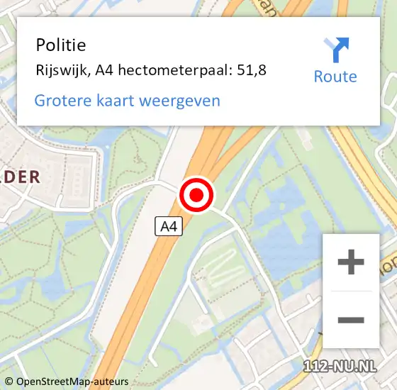 Locatie op kaart van de 112 melding: Politie Rijswijk, A4 hectometerpaal: 51,8 op 2 december 2021 08:39