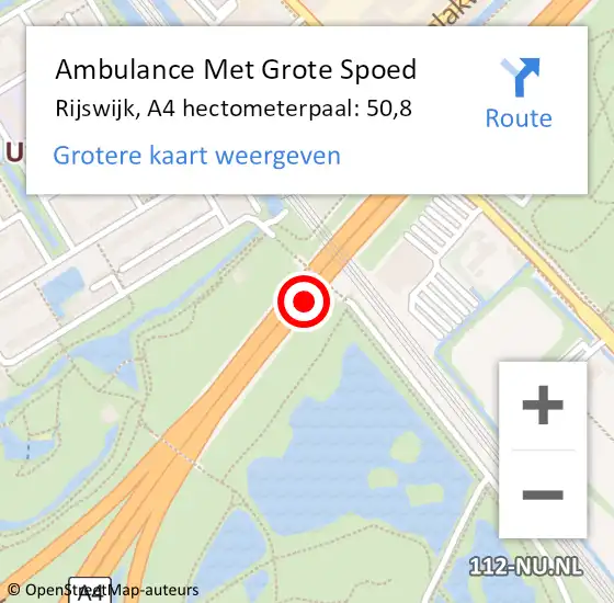 Locatie op kaart van de 112 melding: Ambulance Met Grote Spoed Naar Rijswijk, A4 hectometerpaal: 50,8 op 2 december 2021 08:49