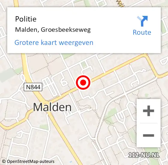 Locatie op kaart van de 112 melding: Politie Malden, Groesbeekseweg op 2 december 2021 09:28