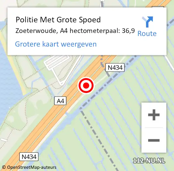 Locatie op kaart van de 112 melding: Politie Met Grote Spoed Naar Zoeterwoude, A4 hectometerpaal: 36,9 op 2 december 2021 11:36