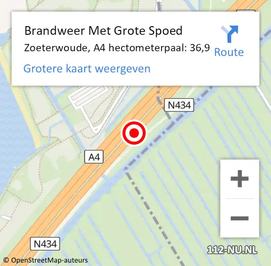 Locatie op kaart van de 112 melding: Brandweer Met Grote Spoed Naar Zoeterwoude, A4 hectometerpaal: 36,9 op 2 december 2021 11:37